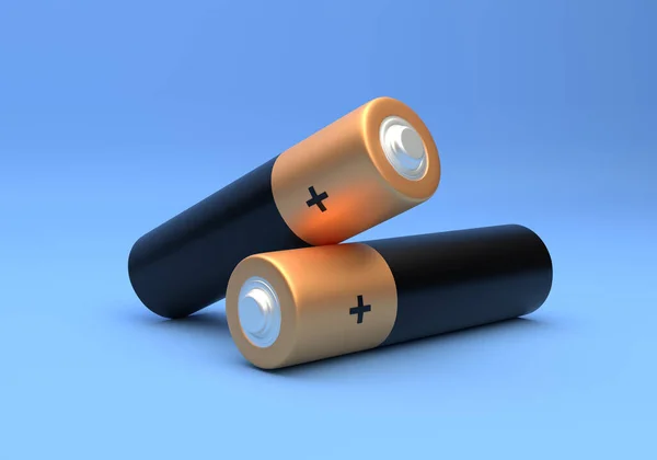 パステルカラーの青の背景に2つのAaサイズのバッテリーを隔離しました アルカリ乾電池だ 最小限のコンセプト 3Dレンダリング図 — ストック写真