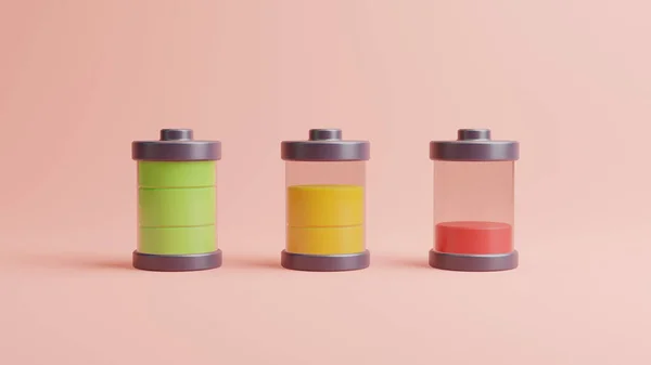薄いピンクの背景にエネルギーの異なる3つのバッテリー コンセプトチャージとエネルギー 3Dレンダリングイラスト — ストック写真