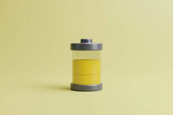 薄い黄色の背景に黄色のレベルインジケータを備えたバッテリー コンセプトチャージとエネルギー 3Dレンダリングイラスト — ストック写真