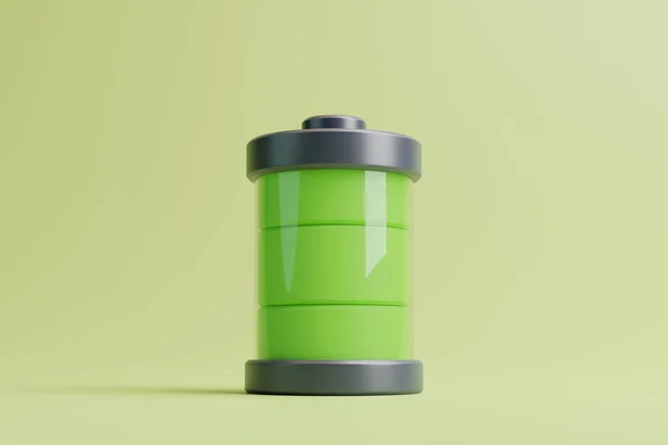 ライトグリーンの背景に緑のレベルインジケータを備えたバッテリー コンセプトチャージとエネルギー 3Dレンダリングイラスト — ストック写真