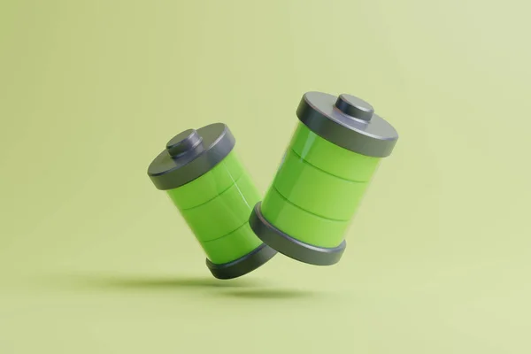 緑色の背景に緑色のレベルインジケータを備えた2つのバッテリ コンセプトチャージとエネルギー 3Dレンダリングイラスト — ストック写真