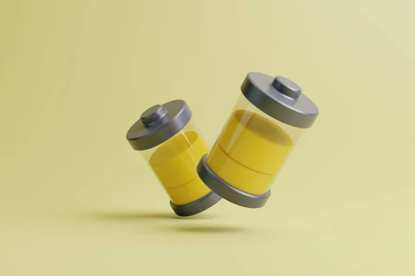 薄い黄色の背景に黄色のレベルインジケータを備えた2つのバッテリ コンセプトチャージとエネルギー 3Dレンダリングイラスト — ストック写真