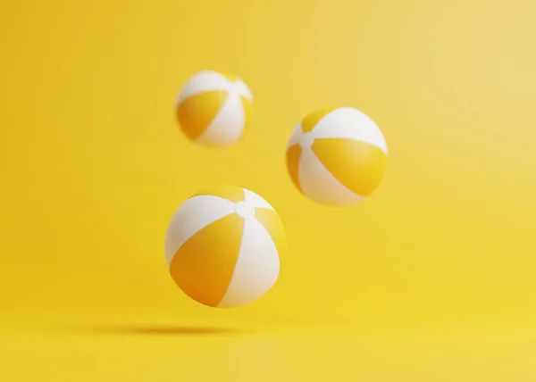 Three bouncing beach balls on a yellow background with copy space. 3d rendering illustration