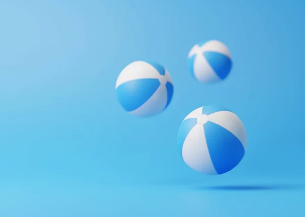三个跳跃的海滩球在蓝色的背景与复制空间 3D渲染说明 — 图库照片