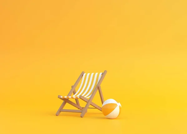 带条纹的甲板椅和黄色背景的海滩球 暑假或海滩度假的概念 3D渲染 3D说明 — 图库照片