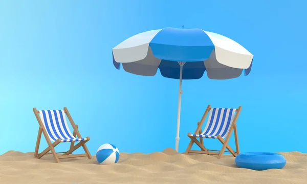 Parasol Plażowy Krzesłami Akcesoriami Plażowymi Jasnoniebieskim Tle Koncepcja Wakacji Koncepcja — Zdjęcie stockowe