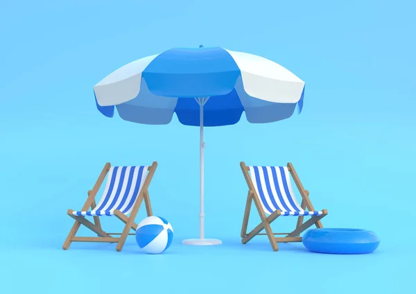 Ombrellone Con Sedie Accessori Spiaggia Sullo Sfondo Blu Brillante Concetto — Foto Stock