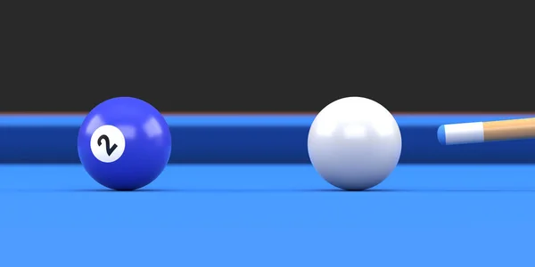 ビリヤードテーブル上のビリヤードボール番号2青の色のクローズアップは スヌーカーキューボールを目指しています 現実的な光沢のあるビリヤードボール 3Dレンダリング3Dイラスト — ストック写真