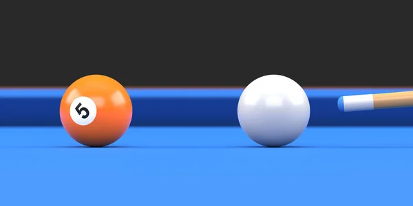 台球桌面上五号橙色台球的特写 斯诺克瞄准主球 现实的光滑的台球 3D渲染3D示例 — 图库照片