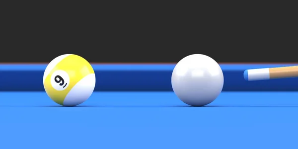 台球九号在台球桌上的特写是黄色和白色 斯诺克瞄准主球 现实的光滑的台球 3D渲染3D示例 — 图库照片