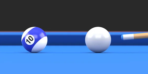 台球十号的特写在台球桌上 蓝白相间 斯诺克瞄准主球 现实的光滑的台球 3D渲染3D示例 — 图库照片