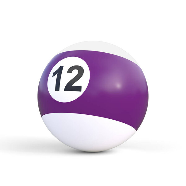 Billiard ball number twelve in purple and white color, isolated on white background. Realistic glossy billiard ball. 3d rendering 3d illustration