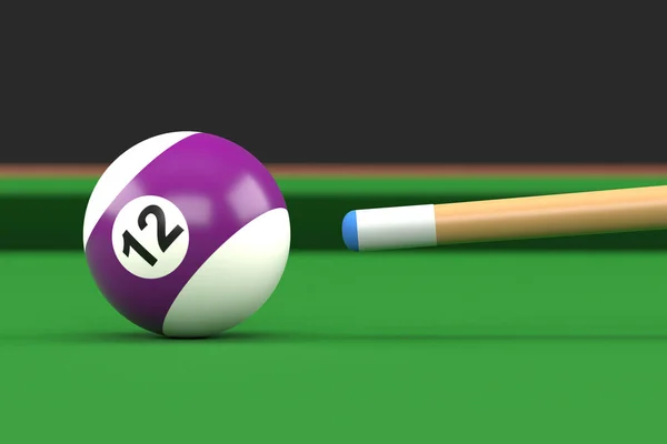 ビリヤード台上の紫と白の色でビリヤードボール番号12のクローズアップ スヌーカーはキューボールを目指しています 現実的な光沢のあるビリヤードボール 3Dレンダリング3Dイラスト — ストック写真