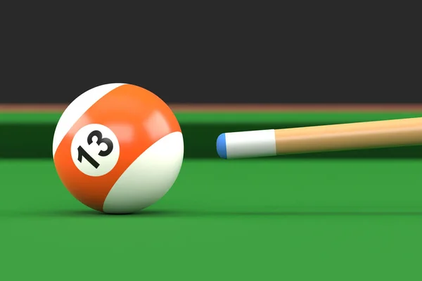 ビリヤード台上のオレンジと白の色でビリヤードボール番号13のクローズアップ スヌーカーはキューボールを目指しています 現実的な光沢のあるビリヤードボール 3Dレンダリング3Dイラスト — ストック写真