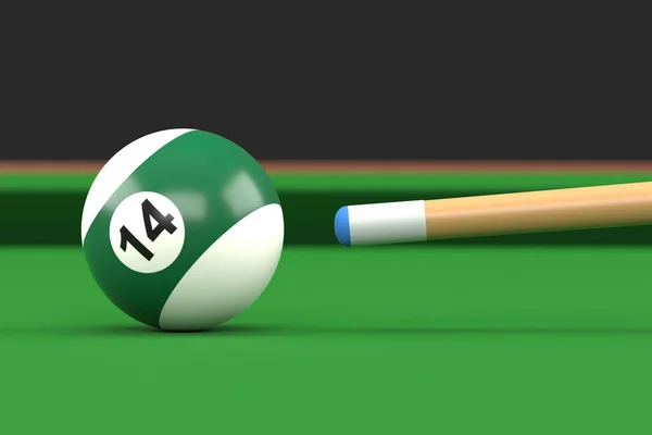 ビリヤードテーブル上の緑と白の色でビリヤードボール番号14のクローズアップ スヌーカーはキューボールを目指しています 現実的な光沢のあるビリヤードボール 3Dレンダリング3Dイラスト — ストック写真