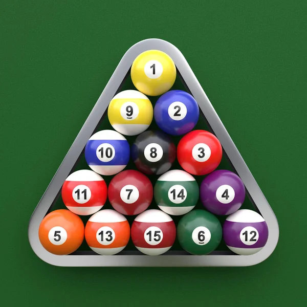 Yeşil bilardo masasında numaralar olan renkli bilardo topları. Bilardo topu hazır. 3d görüntüleme 3d