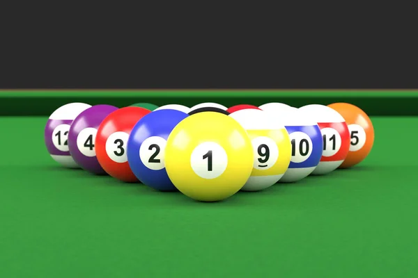 緑のビリヤードテーブルの上に数字とカラフルな光沢のあるビリヤードボールのグループ プールボールセット 3Dレンダリング3Dイラスト — ストック写真