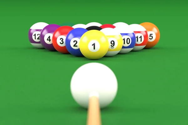 緑のプールテーブルの上に数字とキュースティックとカラフルな光沢のあるビリヤードボールのグループ プールボールセット 3Dレンダリング3Dイラスト — ストック写真