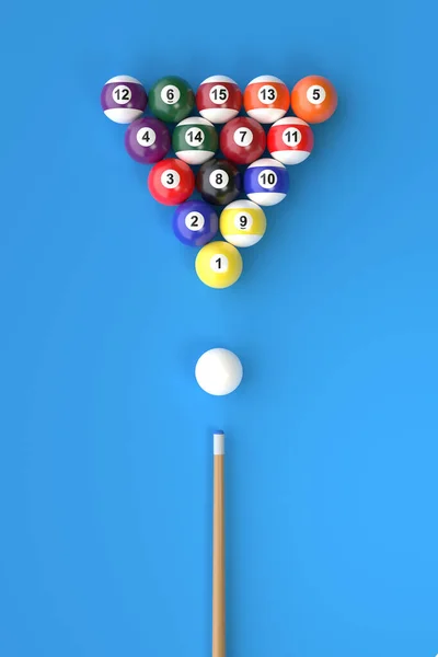 一组色彩艳丽的台球 有数字和球杆在蓝色的台球桌上 池球组 3D渲染3D示例 — 图库照片