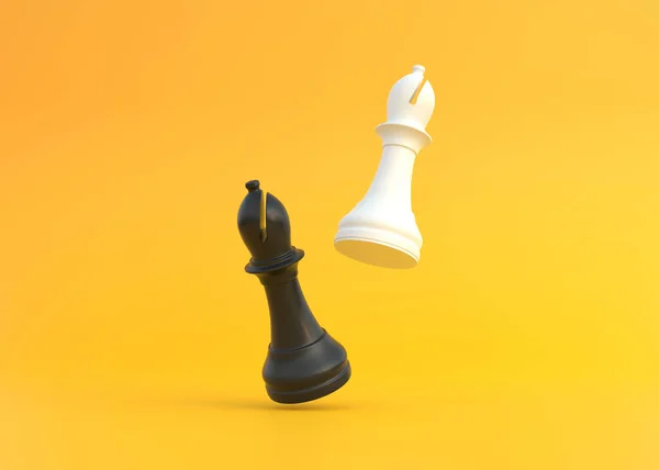 现实的主教在明亮的黄色背景与复制空间 国际象棋棋子最小的创造性战斗概念 3D渲染3D示例 — 图库照片