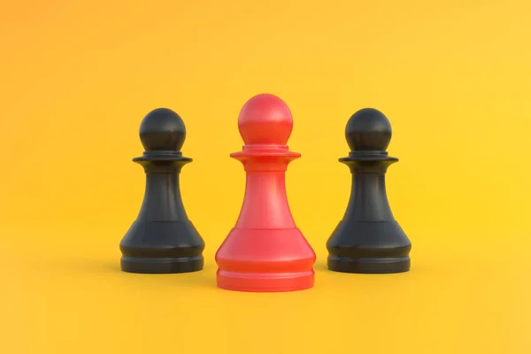 Red Pawn Chess Standing Out Crowd Bright Yellow Background Copy — Stock Photo, Image