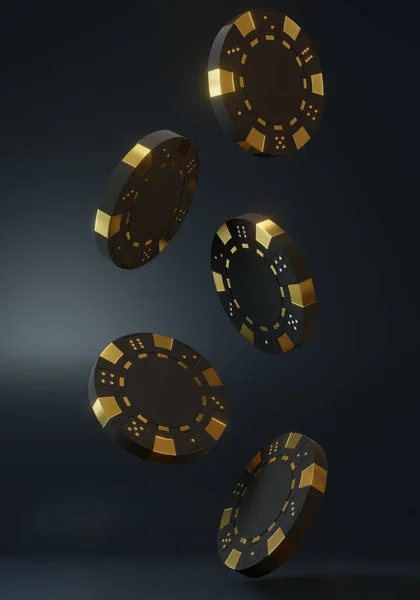 赌场的薯片掉在黑色的背景上 卡西诺游戏3D晶片在线赌场横幅 赌博的概念 3D渲染说明 — 图库照片