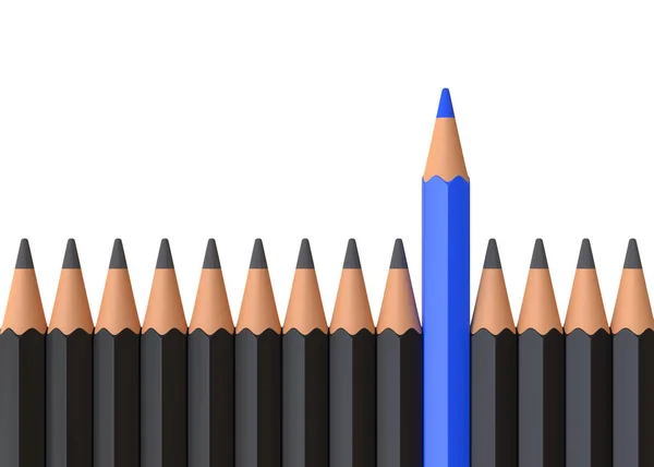 白いテーブルの上にたくさんの同じ黒い仲間の群衆から目立つ青い鉛筆 リーダーシップ 独自性 独立性 イニシアチブ ビジネス成功コンセプト 3Dレンダリング図 — ストック写真