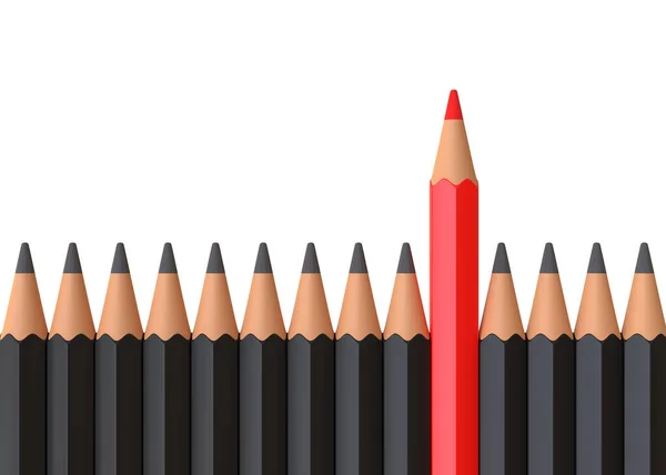 Red Pencil Standing Out Crowd Plenty Identical Black Fellows White — Stock Photo, Image