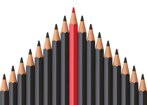 红铅笔从白桌子上许多一模一样的黑人中脱颖而出 领导力 独特性 独立性 主动性 商业成功理念 3D渲染说明 — 图库照片