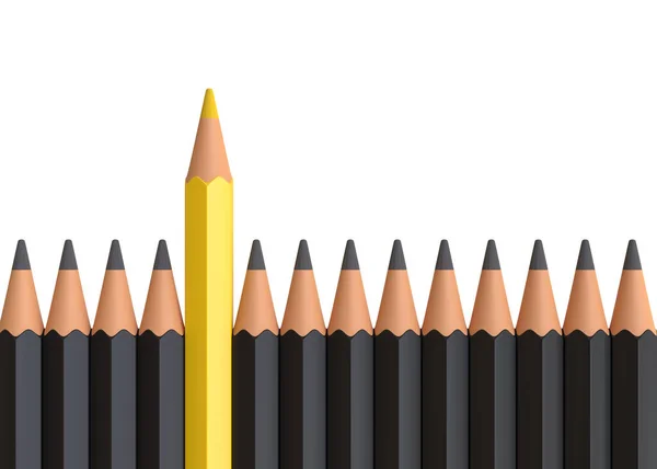 Gelber Bleistift Sticht Aus Der Menge Vieler Identischer Schwarzer Kerle — Stockfoto