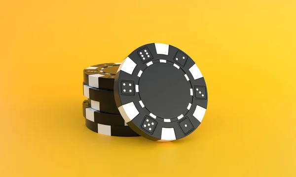 黄色背景上有复制空间的黑色扑克晶片 创意最小的运动和赌博概念 赌场的概念 3D渲染3D示例 — 图库照片