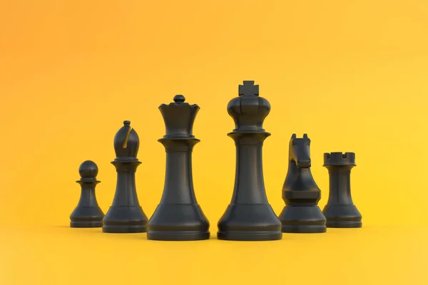 现实国际象棋在明亮的黄色背景与复制空间 国际象棋棋子最小的创造性战斗概念 3D渲染3D示例 — 图库照片