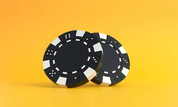 コピースペースと黄色の背景に黒のポーカーチップ 創造的な最小限のスポーツとギャンブルの概念 カジノのコンセプト 3Dレンダリング3Dイラスト — ストック写真