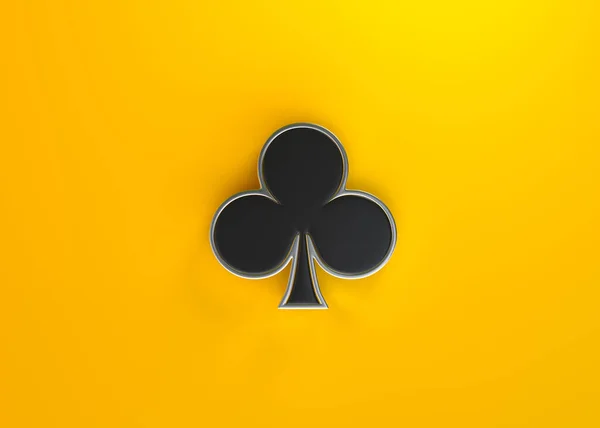 Aces牌符号俱乐部与黑色隔离在黄色的背景 顶部视图 3D渲染说明 — 图库照片