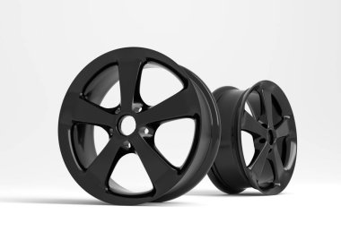 Alüminyum alaşımlı araba tekerleği. Araba için siyah alaşımlı kenar, beyaz arka planda izler. 3d resimleme