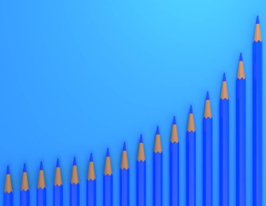 Finansal genişlemenin teknik tablosunda mavi kalemler var. Mavi arkaplandaki dalga desenli sıra. Yaratıcı asgari fikir. Ekonomik bütçeyi kontrol eden iş konsepti. 3d resimleme