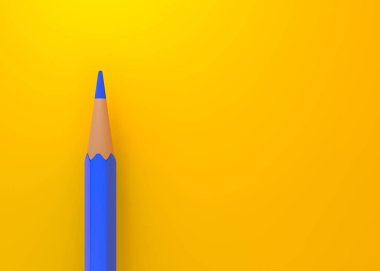 Üstten bakıldığında minimalist şablon, parlak sarı kağıda izole edilmiş mavi kalemin makro fotoğrafını kapat. Yaratıcı bir kavram. 3d resimleme