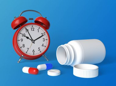 Alarm saati, tabletler ve beyaz haplar mavi arka planda fotokopi alanı ile birlikte. Tıp kavramları. Minimalist soyut kavram. 3d Resim Hazırlama