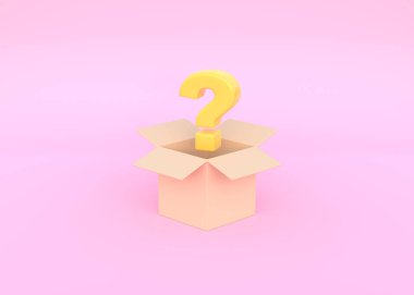 Pembe arka planda soru işareti olan kahverengi kutu. Teslimat konsepti. En az çizgi film tarzı. 3d görüntüleme 3d