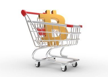 Beyaz arka planda izole edilmiş alışveriş arabasındaki altın bitcoin işareti. Tramvayda para var. 3B resimleme