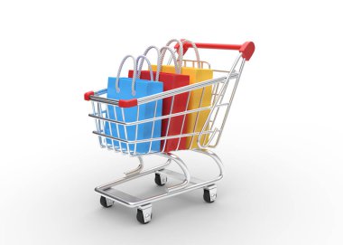 Beyaz arka planda izole edilmiş alışveriş çantalı alışveriş arabası. Tramvay alışverişi. Market arabası. Minimalist kavram, izole edilmiş araba. 3d resimleme