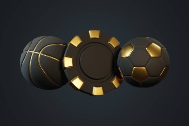 Poker fişi, basketbol topu ve siyah arka plan. 3d resimleme