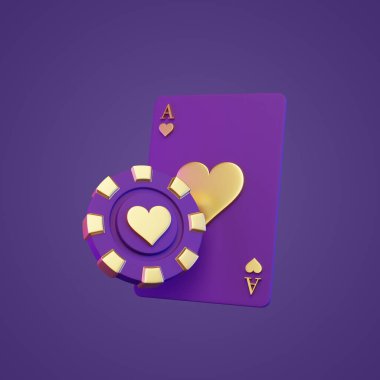 Poker fişi ve kart mor bir arka planda. 3d resimleme
