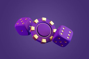 Poker fişi ve mor arka planda zarlar. 3d resimleme
