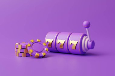 Mor kumar makinesi, üç altın yedili ve menekşe arkaplanlı poker fişleri. 3d resimleme