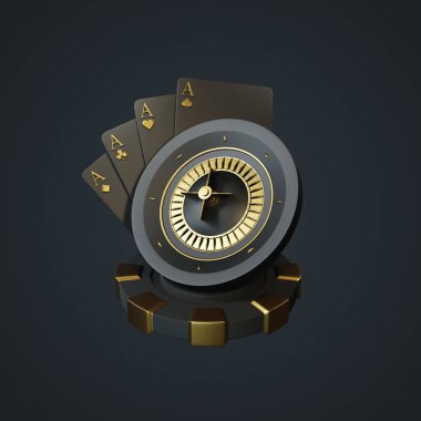 Kumarhane ruleti, kart ve poker fişi. 3d resimleme