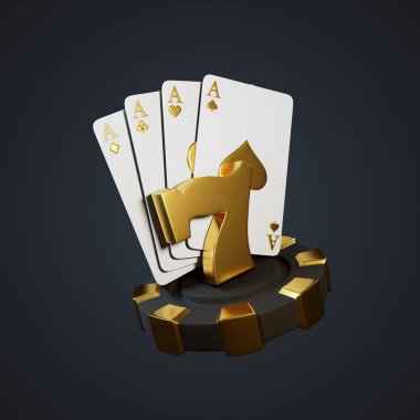 Kart seti, poker fişi ve arka planda üç yedili. 3d resimleme