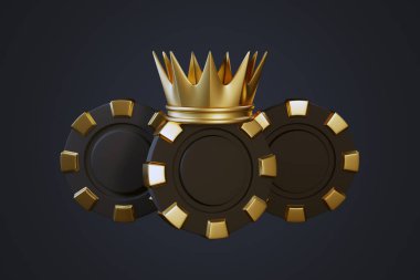 Siyah arka planda taç takan bir poker fişi. 3d resimleme