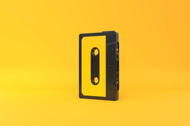 Sarı arka planda klasik bir kaset. Kopya alanı ile ön görünüm. 3d resimleme