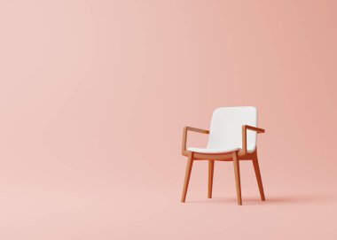 Pembe odada modern bir sandalye. Pastel renklerde minimalist stil kavramı. 3d resimleme